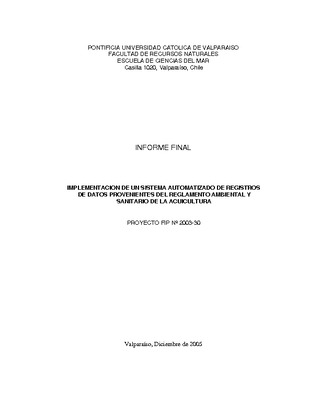 Informe Final : IMPLEMENTACION DE UN SISTEMA AUTOMATIZADO DE REGISTROS DE DATOS PROVENIENTES DEL REGLAMENTO AMBIENTAL Y SANITARIO DE LA ACUICULTURA