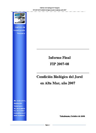 Informe final: Condición biológica de jurel en alta mar, año 2007