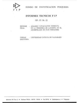 Informe Final : ANALISIS Y EVALUACION INDIRECTA DE LA PESQUERIA DE LANGOSTA EN EL ARCHIPIELAGO DE JUAN FERNANDEZ