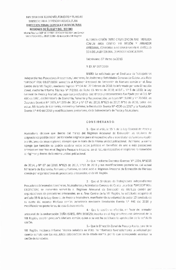 Res. Ex. N° 7-2018 (DZP VIII) Autoriza Cesión Merluza común, VIII Región.