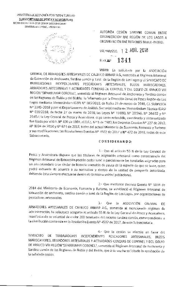 Res. Ex. N° 1341-2018 Autoriza cesión Sardina Común, Región Ñuble y Biobío.
