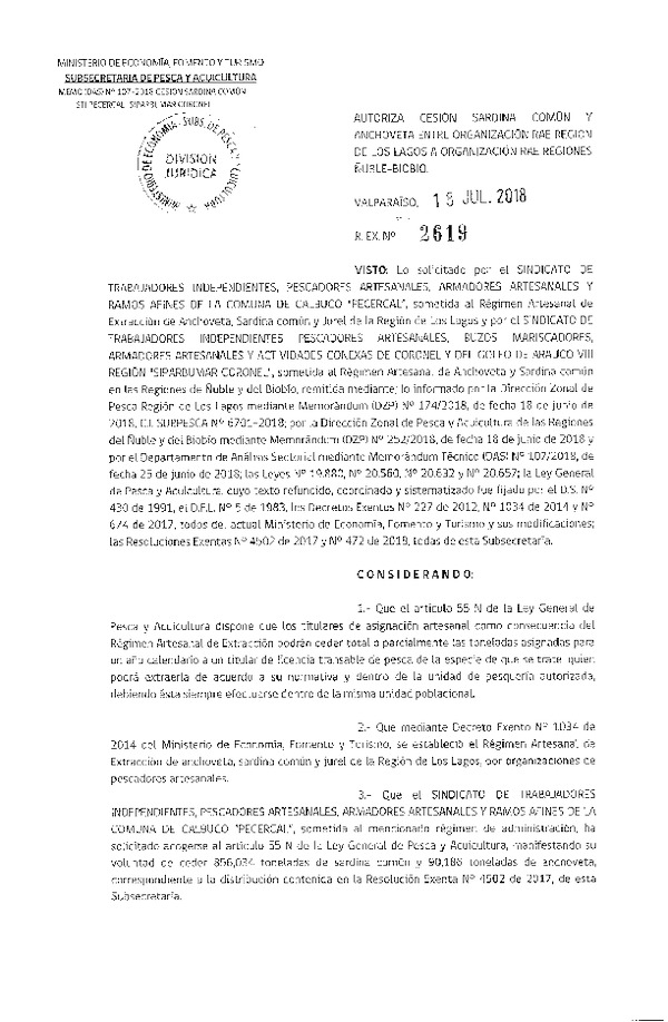 Res. Ex. N° 2619-2018 Autoriza cesión Anchoveta y Sardina Común, Región del Biobío.