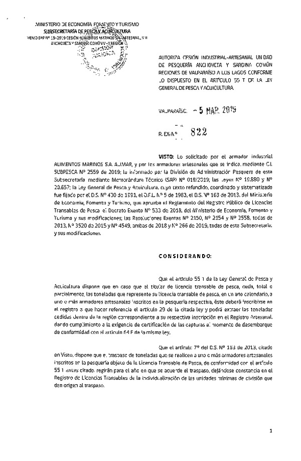 Res. Ex. N° 822-2019 Autoriza cesión pesquería Anchoveta y Sardina común, Regiones de Valparaíso a Los Lagos.