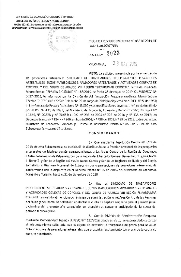 Res. Ex. N° 2023-2019 Modifica Res. Ex. N° 853-2019 Distribución de la fracción artesanal de pesquería de merluza común, Regiones de Coquimbo al Biobío, año 2019. (Publicado en Página Web 22-05-2019)