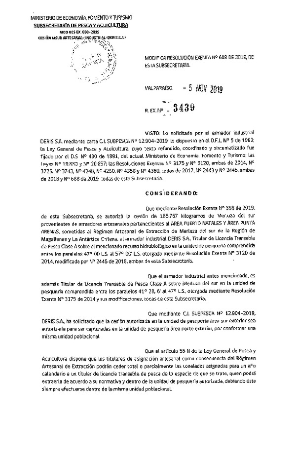 Res. Ex. N° 3439-2019 Modifica Res. Ex. N° 688-2019 Cesión Merluza del sur Región de Magallanes.