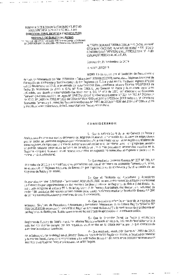 Res. Ex. N° 157-2019 (DZP VIII) Autoriza cesión Anchoveta y sardina común Regiones de Ñuble y del Biobío.