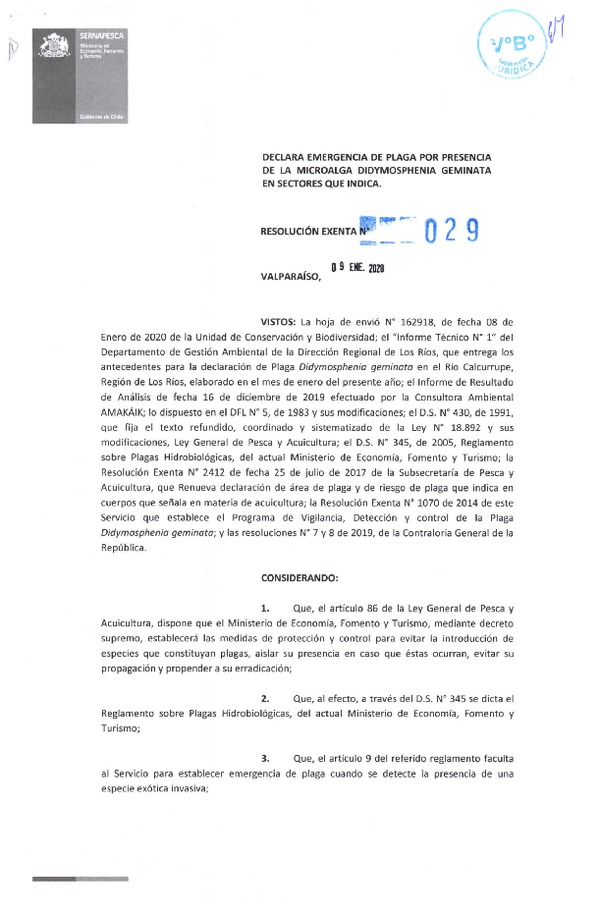 Res. Ex. N° 29-2020 (Sernapesca) Declara emergencia de plaga por presencia de la microalga Didymosphenia Geminata en sector que indica