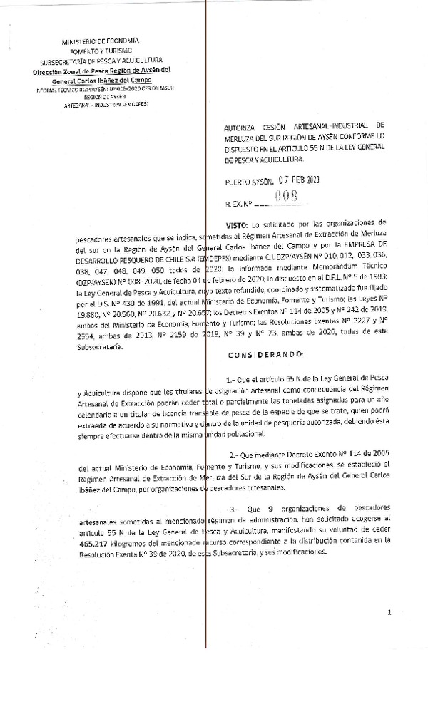 Res. Ex. N° 008-2020 (DZP Región de Aysén) Autoriza cesión Merluza del sur.