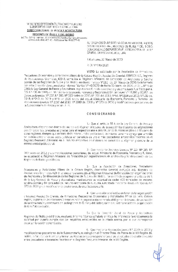 Res Ex N° 0046-2020, (DZP VIII), Autoriza cesión Sardina Común y Anchoveta Región de Ñuble-Biobío (Publicado en Página Web 31-03-2020)