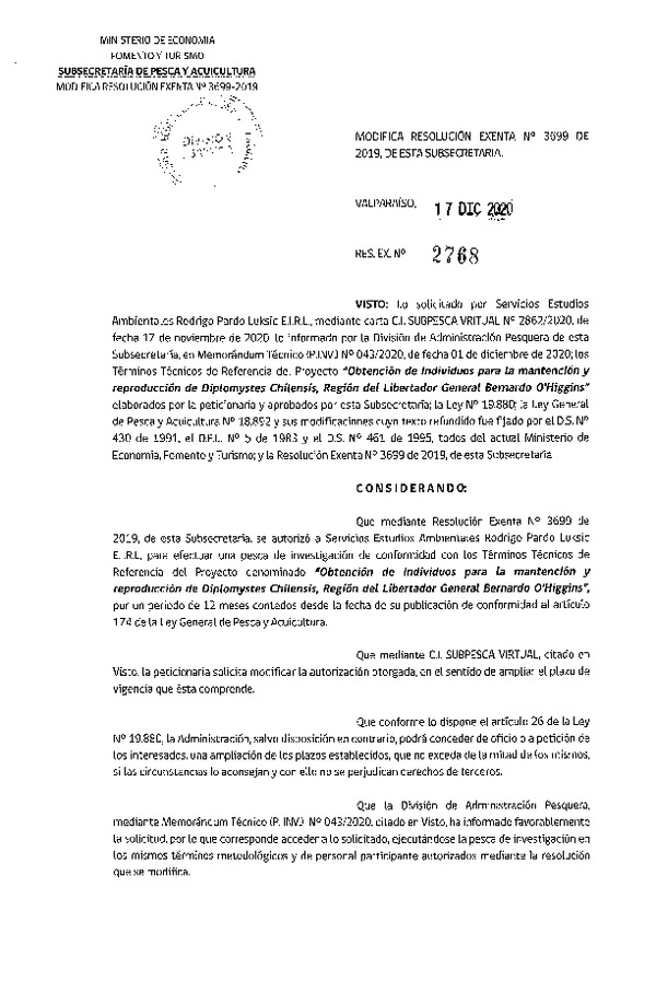 Res. Ex. N° 2768-2020 Modifica Res. Ex. N° 3699-2019 Obtención de individuos Diplomytes Chilensis. (Publicado en Página Web 17-12-2020).