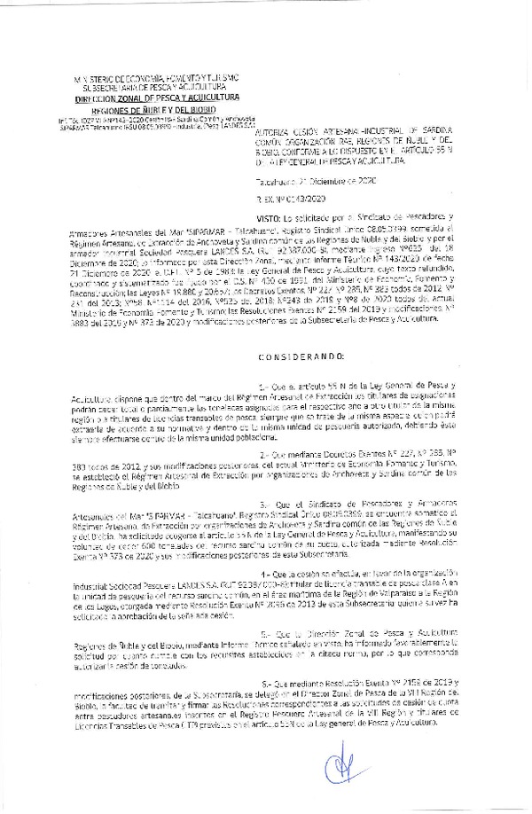 Res. Ex. N° 143-2020 (DZP Ñuble y del Biobío) Autoriza cesión Sardina Común Región de Ñuble-Biobío (Publicado en Página Web 22-12-2020)