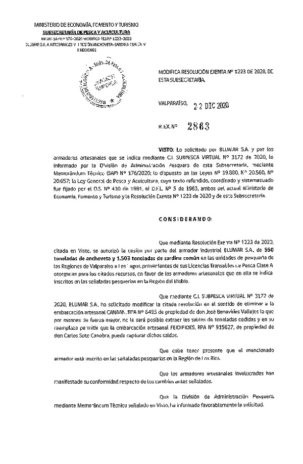 Res. Ex. N° 2863-2020 Modifica Res. Ex N° 1223-2020, Autoriza Cesión anchoveta y sardina común Regiones Valparaíso-Los Lagos (Publicado en Página Web 24-12-2020).