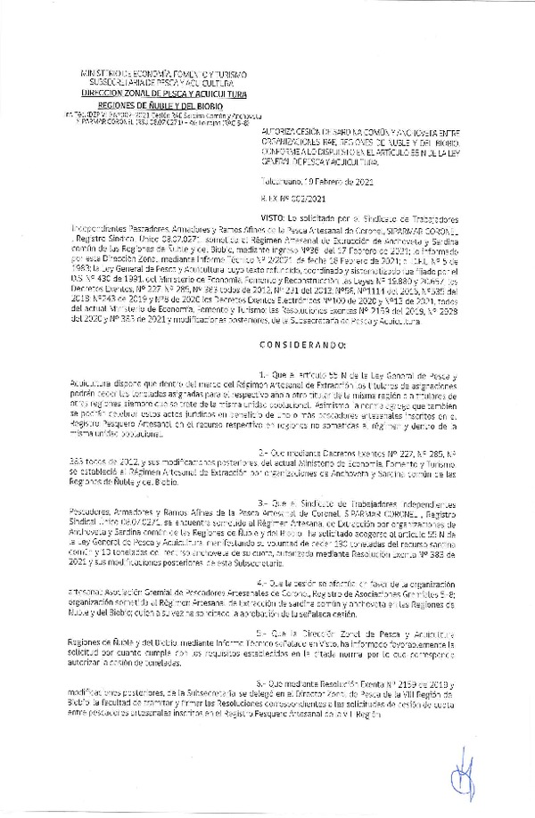 Res. Ex. N° 002-2021 (DZP Ñuble y del Biobío) Autoriza cesión Sardina Común y Anchoveta Región de Ñuble-Biobío (Publicado en Página Web 19-02-2021)