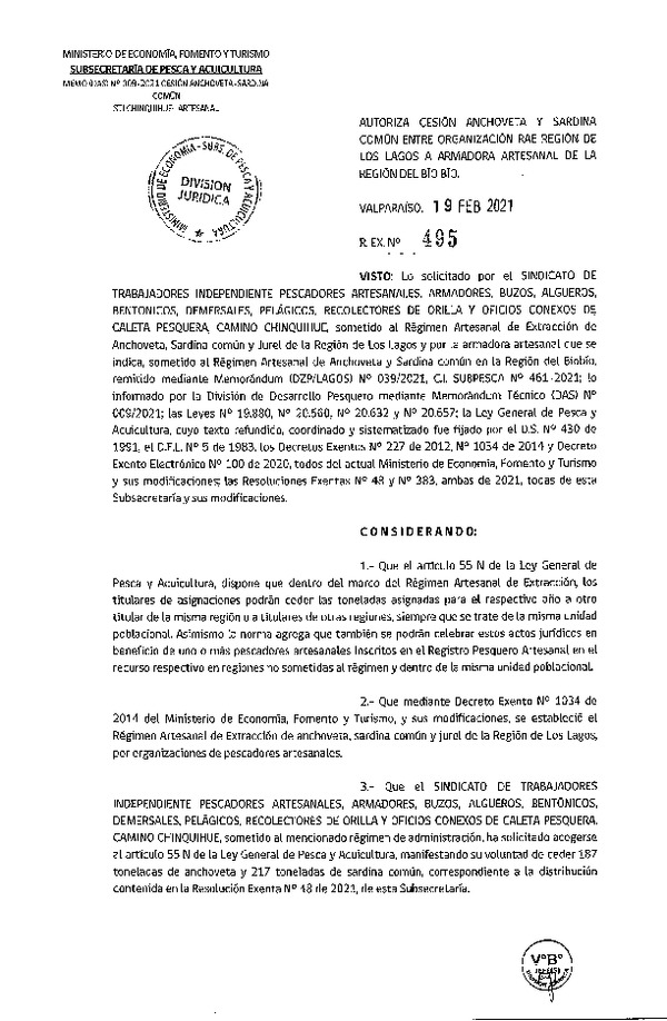 Res. Ex. N° 495-2021 Autoriza Cesión anchoveta y sardina común Región de Los Lagos a Región del Biobío. (Publicado en Página Web 23-02-2021)