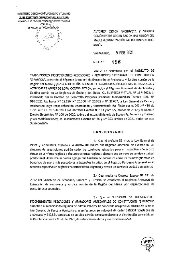 Res. Ex. N° 496-2021 Autoriza Cesión anchoveta y sardina común Región del Maule a Región del Ñuble-Biobío. (Publicado en Página Web 23-02-2021)