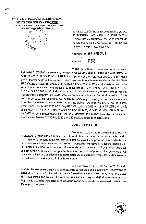 Res. Ex. N° 653-2021 Autoriza cesión pesquería Anchoveta y Sardina común, Regiones de Valparaíso a Los Lagos. (Publicado en Página Web 05-03-2021)
