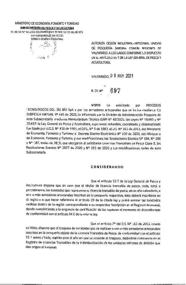 Res. Ex. N° 697-2021 Autoriza cesión pesquería Anchoveta, Regiones de Valparaíso a Los Lagos. (Publicado en Página Web 10-03-2021)