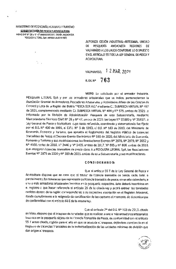 Res. Ex. N° 763-2021 Autoriza cesión pesquería Anchoveta, Regiones de Valparaíso a Los Lagos. (Publicado en Página Web 15-03-2021)