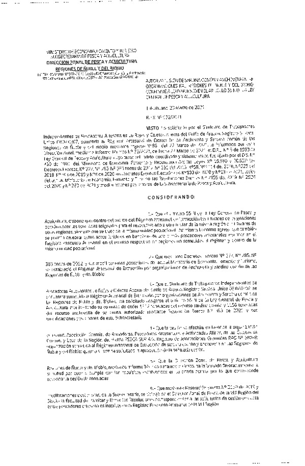 Res. Ex. N° 032-2021 (DZP Ñuble y del Biobío) Autoriza cesión Sardina Común y Anchoveta Región de Ñuble-Biobío (Publicado en Página Web 23-03-2021)