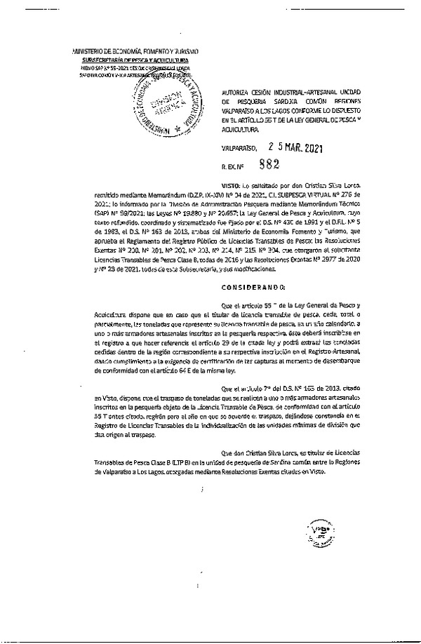 Res. Ex. N° 882-2021 Autoriza Cesión Anchoveta, Regiones de Valparaíso a Los Lagos. (Publicado en Página Web 26-03-2021)