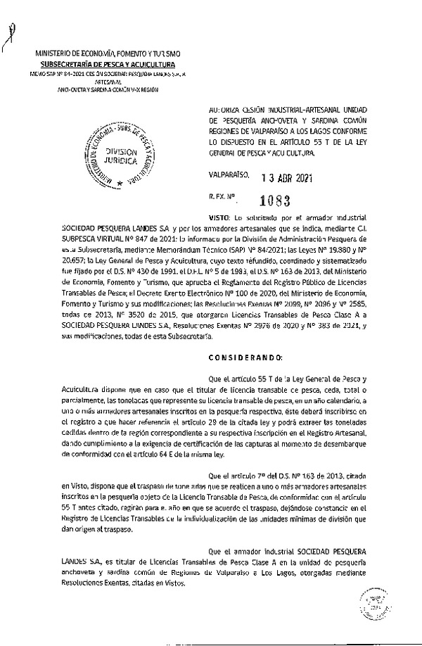 Res. Ex. N° 1083-2021 Autoriza Cesión Anchoveta y Sardina común, Regiones de Valparaíso a Los Lagos. (Publicado en Página Web 13-04-2021)