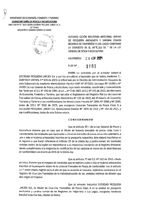 Res. Ex. N° 1161-2021 Autoriza Cesión Anchoveta y Sardina común, Regiones de Valparaíso a Los Lagos. (Publicado en Página Web 21-04-2021)