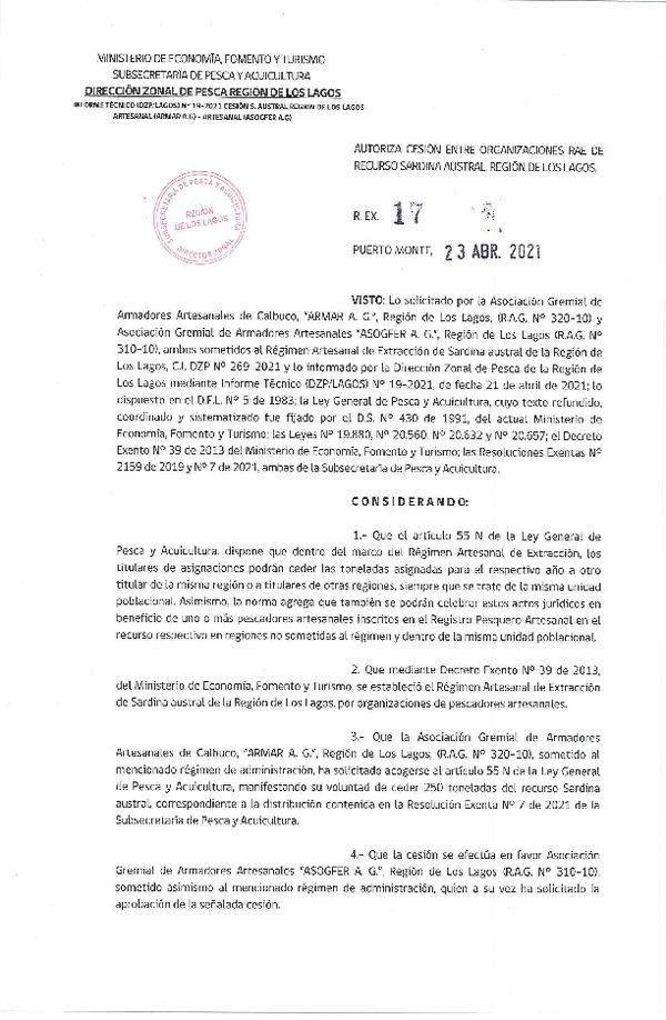 Res. Ex. 17-2021 (DZP Región de Los Lagos) Autoriza cesión sardina austral Región de Los Lagos. (Publicado en Página Web 23-04-2021)