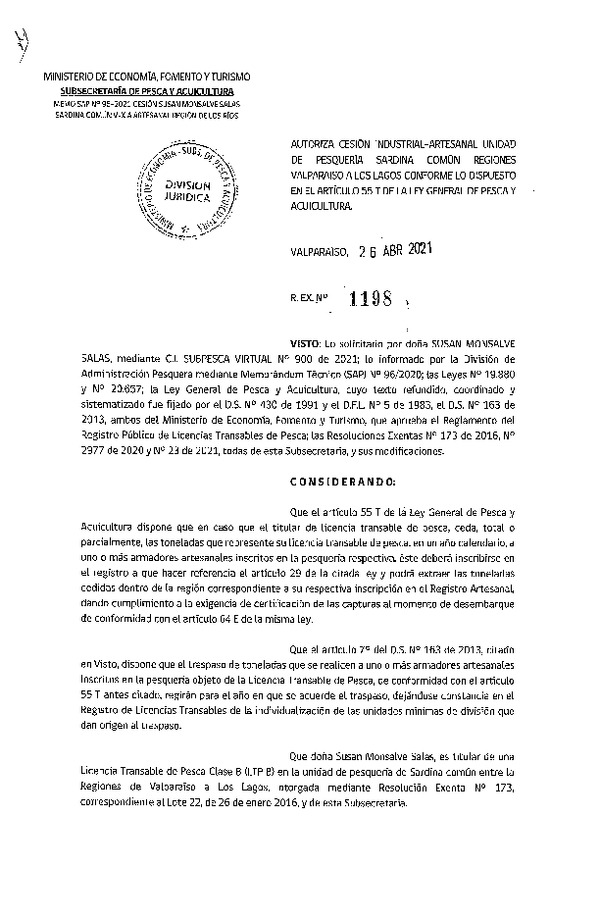 Res. Ex. N° 1198-2021 Autoriza Cesión Sardina común, Regiones de Valparaíso a Los Lagos. (Publicado en Página Web 27-04-2021)