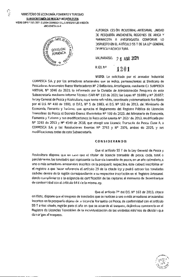 Res. Ex. N° 1201-2021 Autoriza Cesión Anchoveta, Regiones de Arica y Parinacota a Región de Antofagasta. (Publicado en Página Web 27-04-2021)