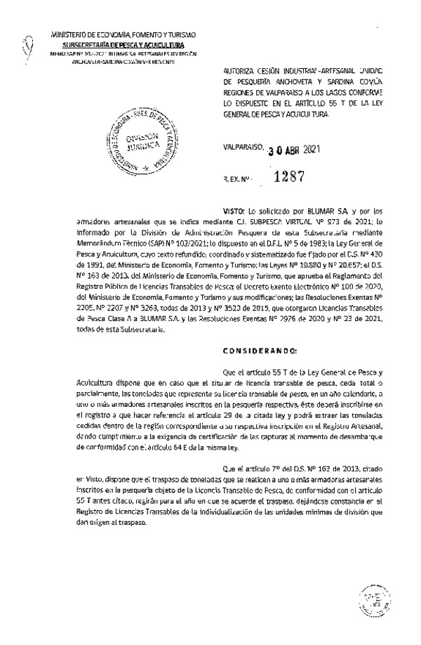 Res. Ex. N° 1287-2021 Autoriza Cesión Anchoveta y Sardina común, Regiones de Valparaíso a Los Lagos. (Publicado en Página Web 03-05-2021)
