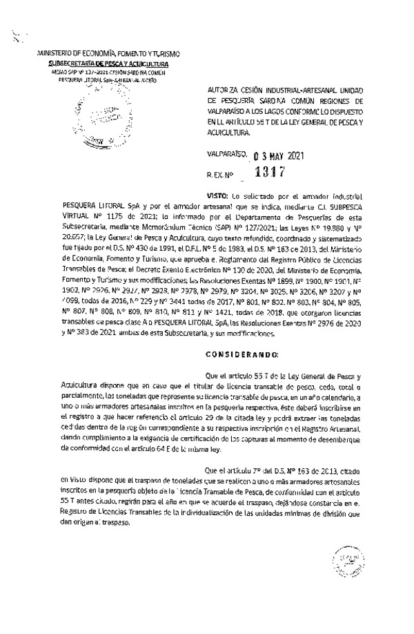 Res. Ex. N° 1317-2021 Autoriza Cesión Anchoveta y Sardina común, Regiones de Valparaíso a Los Lagos. (Publicado en Página Web 04-05-2021)