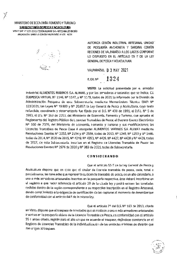 Res. Ex. N° 1324-2021 Autoriza Cesión Anchoveta y Sardina común, Regiones de Valparaíso a Los Lagos. (Publicado en Página Web 04-05-2021)