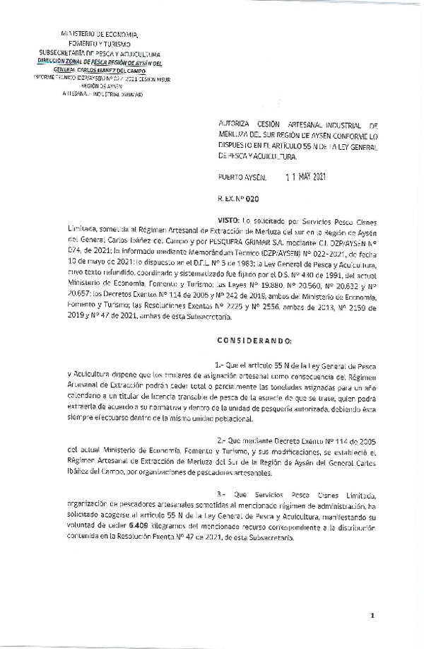 Res. Ex. N° 020-2021 (DZP Región de Aysén) Autoriza cesión Merluza del Sur. (Publicado en Página Web 12-05-2021)