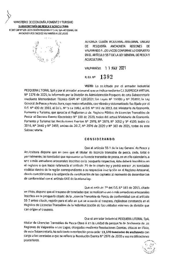 Res. Ex. N° 1392-2021 Autoriza Cesión Anchoveta y Sardina común, Regiones de Valparaíso a Los Lagos. (Publicado en Página Web 12-05-2021)