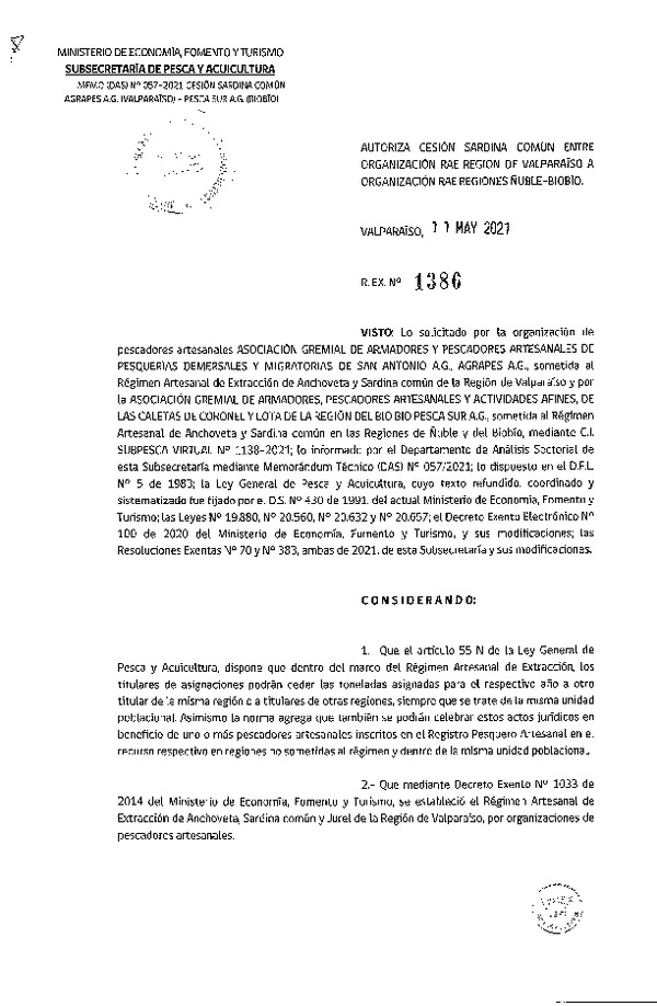 Res. Ex. N° 1386-2021 Autoriza Cesión Sardina común, Región de Valparaíso a Ñuble-Biobío. (Publicado en Página Web 12-05-2021).