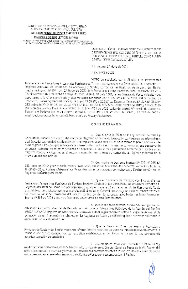 Res. Ex. N° 066-2021 (DZP Ñuble y del Biobío) Autoriza cesión Sardina Común y Anchoveta Región de Ñuble-Biobío (Publicado en Página Web 18-05-2021)