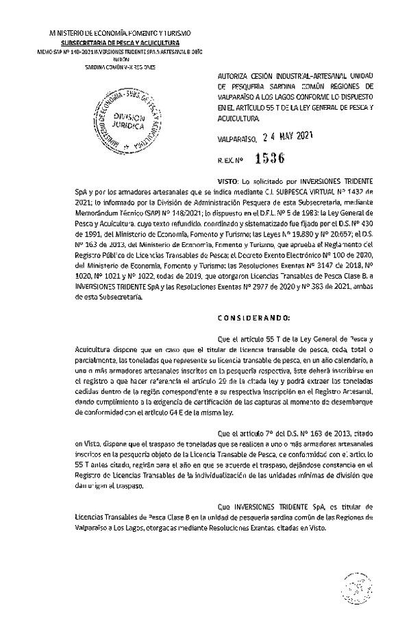 Res. Ex. N° 1536-2021 Autoriza Cesión Sardina común, Regiones de Valparaíso a Los Lagos. (Publicado en Página Web 20-05-2021)