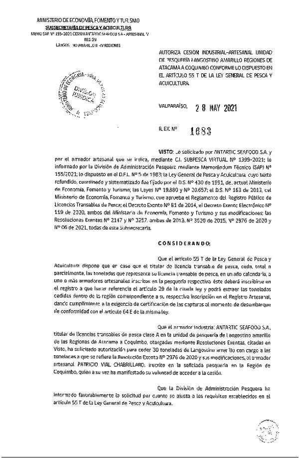 Res. Ex. N° 1683-2021 Autoriza cesión Langostino Amarillo Regiones de Atacama a Coquimbo. (Publicado en Página Web 01-06-2021)