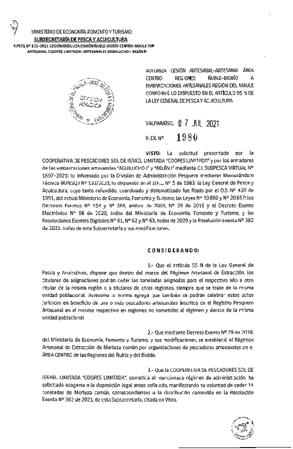 Res. Ex. N° 1980-2021 Autoriza cesión de Merluza Común Región de Ñuble- Biobío a Maule. (Publicado en Página Web 09-07-2021)