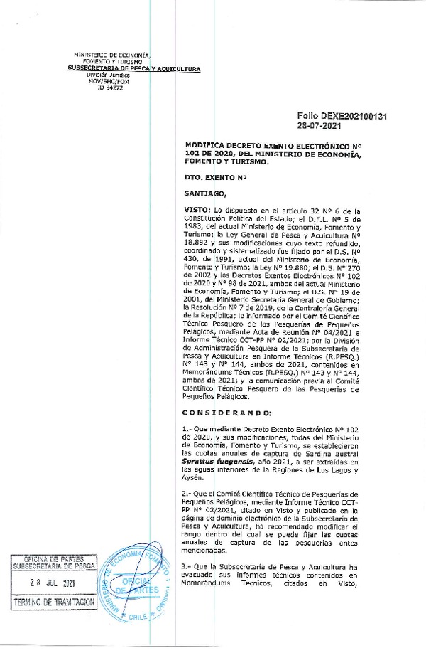 Dec. Ex. Folio 202100131 Modifica Decreto Exento Eléctronico N°102-2020, del Ministerio de Economía, Fomento y Turismo. (Publicado en Página Web 28-07-2021).