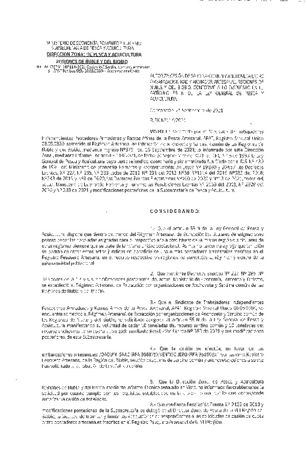 Res. Ex. N° 114-2021 (DZP Ñuble y del Biobío) Autoriza cesión Sardina Común y Anchoveta Región de Ñuble-Biobío (Publicado en Página Web 22-09-2021)