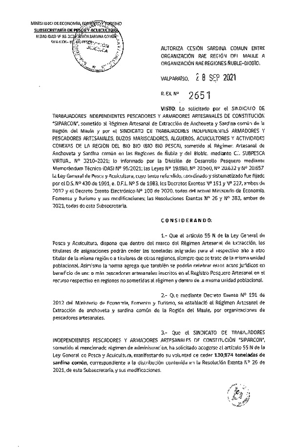 Res Ex N° 2651-2021, Autoriza cesión de pesquería Sardina Común, Regiones del Maule a Ñuble - Biobío. (Publicado en Página Web 29-09-2021).