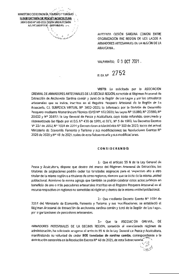 Res. Ex. N° 2752-2021 Autoriza Cesión Sardina común, Región de Los Lagos a Región de La Araucanía. (Publicado en Página Web 12-10-2021)