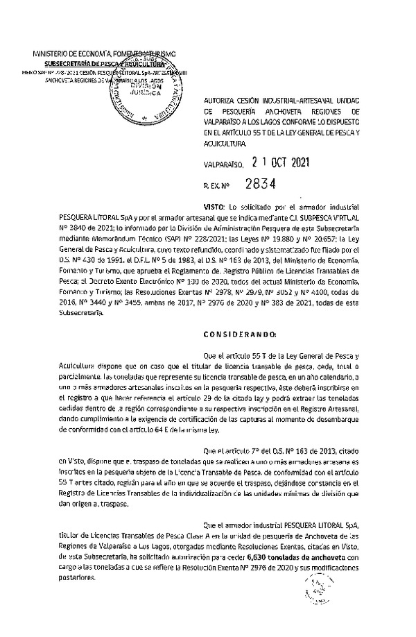 Res. Ex. N° 2834-2021 Autoriza Cesión unidad de pesquería Sardina común, Regiones Valparaíso a Los Lagos. (Publicado en Página Web 22-10-2021)