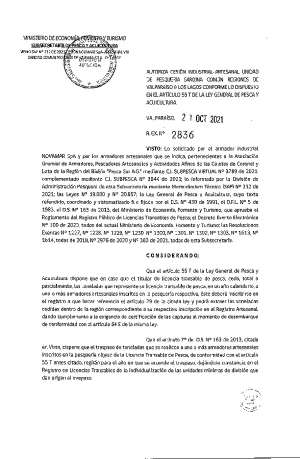 Res. Ex. N° 2836-2021 Autoriza Cesión unidad de pesquería Sardina común, Regiones Valparaíso a Los Lagos. (Publicado en Página Web 22-10-2021)