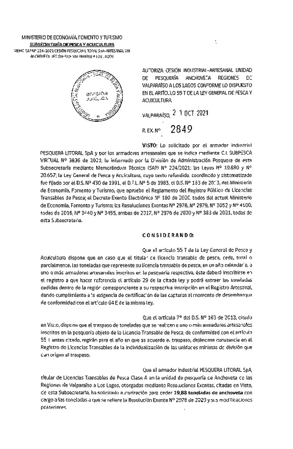 Res. Ex. N° 2849-2021 Autoriza Cesión unidad de pesquería Anchoveta, Regiones Valparaíso a Los Lagos. (Publicado en Página Web 22-10-2021)