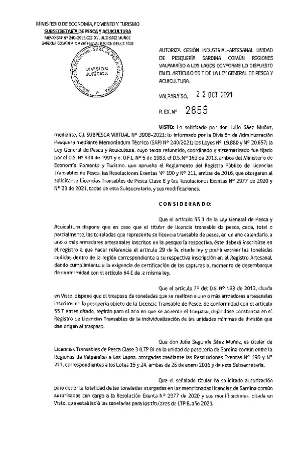 Res. Ex. N° 2855-2021 Autoriza Cesión unidad de pesquería sardina común, Regiones Valparaíso a Los Lagos. (Publicado en Página Web 22-10-2021)