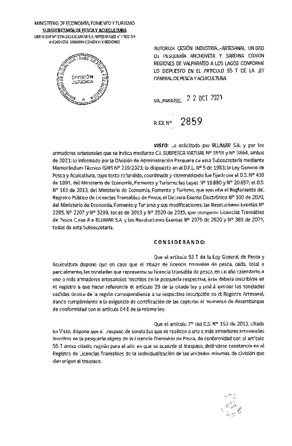 Res. Ex. N° 2859-2021 Autoriza Cesión unidad de pesquería sardina común, Regiones Valparaíso a Los Lagos. (Publicado en Página Web 22-10-2021)