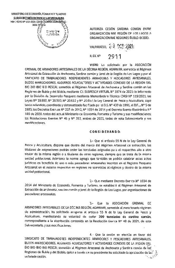 Res. Ex. N° 2911-2021 Autoriza Cesión Sardina común, Región de Los Lagos a Ñuble-Biobío. (Publicado en Página Web 03-11-2021)