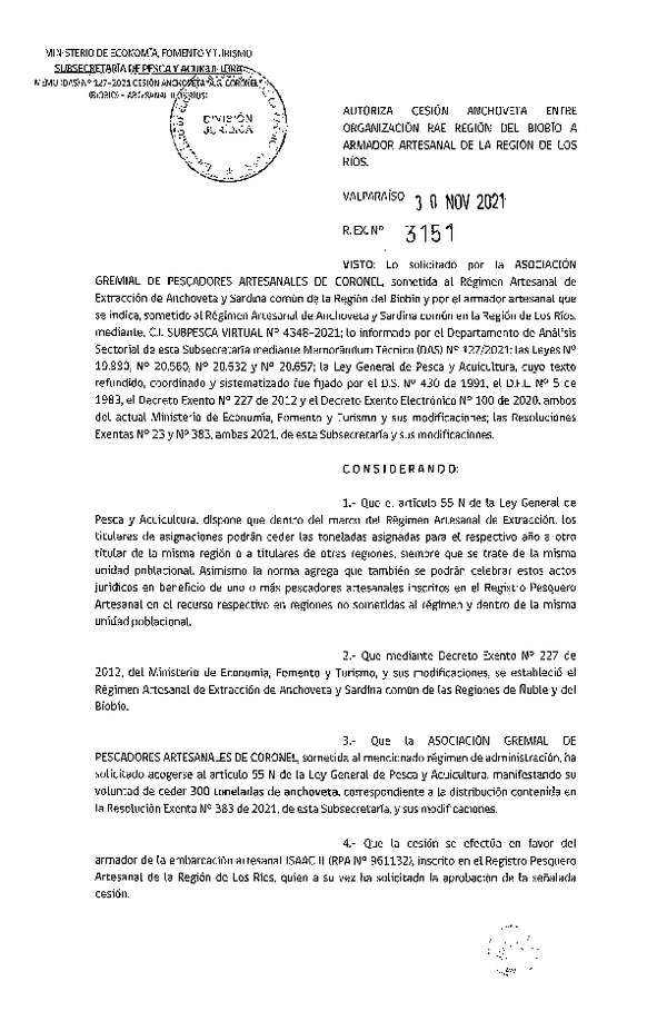 Res. Ex. N° 3151-2021 Autoriza Cesión Anchoveta, Región de Ñuble-Biobío a Región de Los Ríos. (Publicado en Página Web 01-12-2021)
